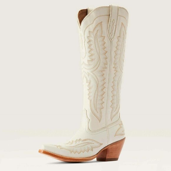 Women's White Vintage Chunky Tall Knee High Heel Western Embroidery Boots - Picture 2 of 7